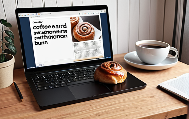 **A modern Swedish translator's workspace. The image features a clean desk with a laptop displaying a CAT tool interface (memoQ or Trados). Nearby are a Swedish dictionary, a "fika" (coffee and cinnamon bun), and a notebook. The overall atmosphere is productive and focused, but with a touch of Swedish "hygge" (coziness).**