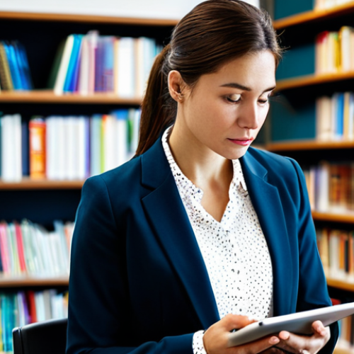 A professional woman, a skilled localization expert, meticulously reviewing complex text on a sleek tablet in a modern, sunlit office. She wears a modest business blazer and a professional blouse, fully clothed, appropriate attire. Her expression is thoughtful and focused, reflecting deep cultural insight and linguistic finesse. The background features blurred bookshelves filled with diverse books and a large monitor displaying intricate language patterns. Perfect anatomy, natural pose, correct proportions, well-formed hands, proper finger count, natural body proportions. High-resolution professional photography, sharp focus, realistic detail, vibrant colors, safe for work, appropriate content, professional.