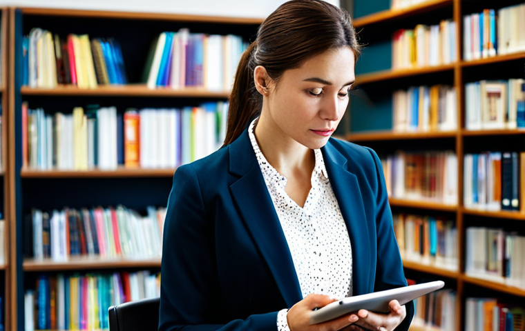 A professional woman, a skilled localization expert, meticulously reviewing complex text on a sleek tablet in a modern, sunlit office. She wears a modest business blazer and a professional blouse, fully clothed, appropriate attire. Her expression is thoughtful and focused, reflecting deep cultural insight and linguistic finesse. The background features blurred bookshelves filled with diverse books and a large monitor displaying intricate language patterns. Perfect anatomy, natural pose, correct proportions, well-formed hands, proper finger count, natural body proportions. High-resolution professional photography, sharp focus, realistic detail, vibrant colors, safe for work, appropriate content, professional.