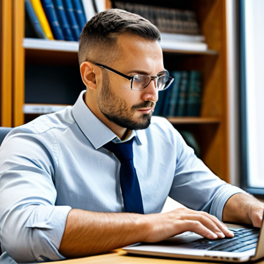 A focused professional translator, fully clothed in a modest business casual outfit, sitting at a modern, clean desk. The translator is thoughtfully reviewing text on a laptop, with a pen in hand, suggesting deep concentration and human insight. The background subtly features blurred bookshelves filled with diverse language books and a world map, emphasizing global communication. The scene is illuminated by soft, natural light, highlighting a calm, productive atmosphere. safe for work, appropriate content, fully clothed, professional, perfect anatomy, correct proportions, natural pose, well-formed hands, proper finger count, natural body proportions, high-quality, professional photography, sharp focus.