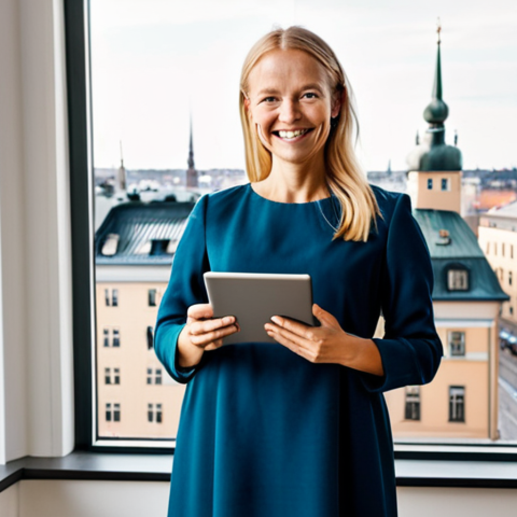**
A professional woman, fully clothed in a stylish yet modest Scandinavian-designed dress, standing in a bright and airy modern office space in Stockholm. Sunlight streams through large windows overlooking the city. She's holding a tablet and smiling confidently. Safe for work, appropriate content, perfect anatomy, correct proportions, natural pose, well-formed hands, proper finger count, natural body proportions, professional, modest, family-friendly, high quality.
**