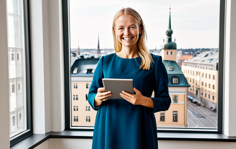 **
A professional woman, fully clothed in a stylish yet modest Scandinavian-designed dress, standing in a bright and airy modern office space in Stockholm. Sunlight streams through large windows overlooking the city. She's holding a tablet and smiling confidently. Safe for work, appropriate content, perfect anatomy, correct proportions, natural pose, well-formed hands, proper finger count, natural body proportions, professional, modest, family-friendly, high quality.
**