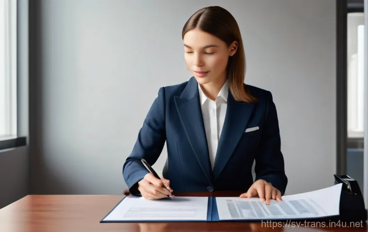 번역사 자격증 스펙으로서의 장점 - **A highly professional and confident translator**, male or female, dressed in smart business attire...