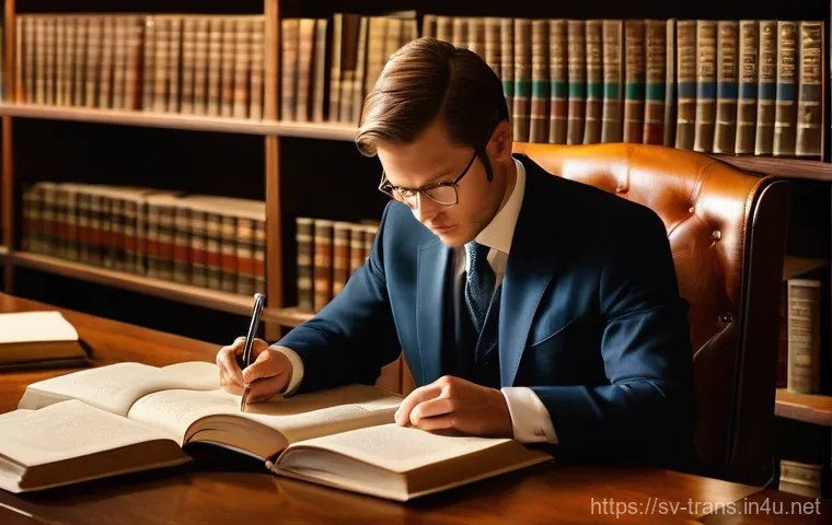 번역사 자격증 필기시험 공부법 - **A highly focused individual, appearing to be in their 30s, is seated at a large, sturdy wooden des...