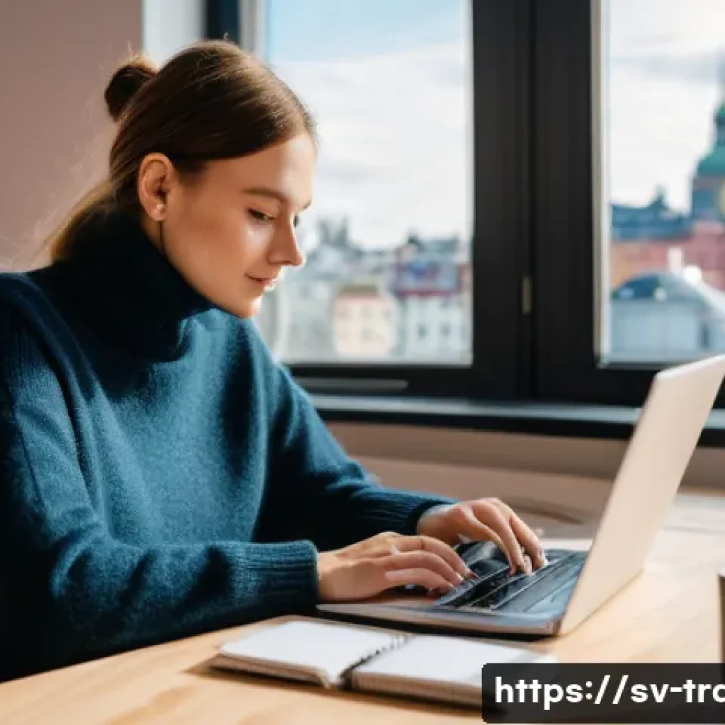 번역사 자격증 취득 후 프리랜서 시작 - **Prompt:** A brightly lit, modern co-working space in Stockholm. A young woman, early 30s, with a f...