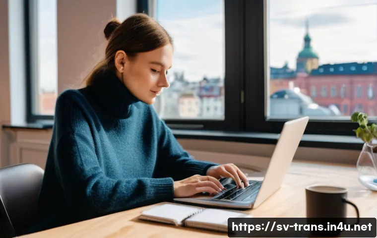 번역사 자격증 취득 후 프리랜서 시작 - **Prompt:** A brightly lit, modern co-working space in Stockholm. A young woman, early 30s, with a f...