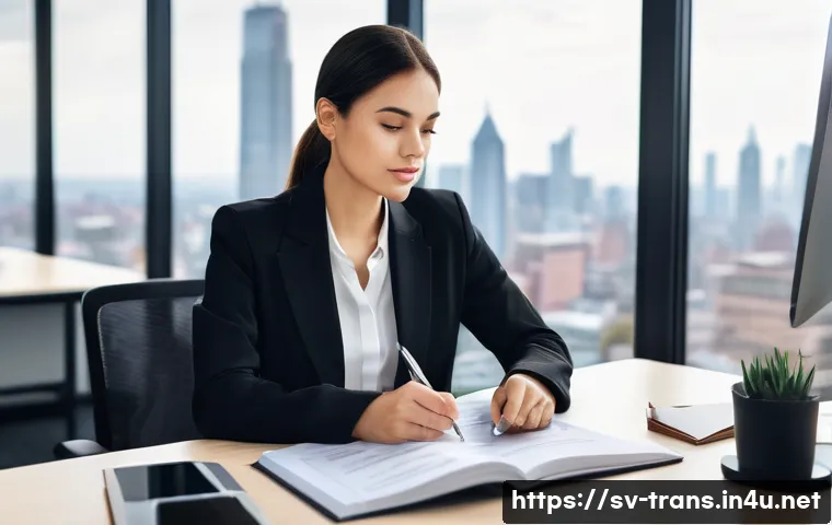 번역사 자격증 필수 학습 자료 - **Prompt 1: Focused Translator in a Modern Office**
"A diverse adult woman, aged 30s, profession...