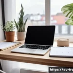 Home 22 번역사 업무 일지 작성 예시 - A professional Swedish translator’s modern workspace featuring a sleek laptop displaying project man...