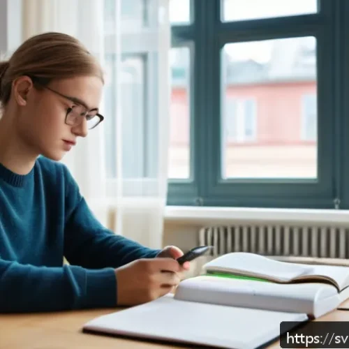 Home 32 번역사 시험의 시간 배분 전략 - A focused young adult student sitting at a clean, organized desk in a bright Swedish-style study roo...