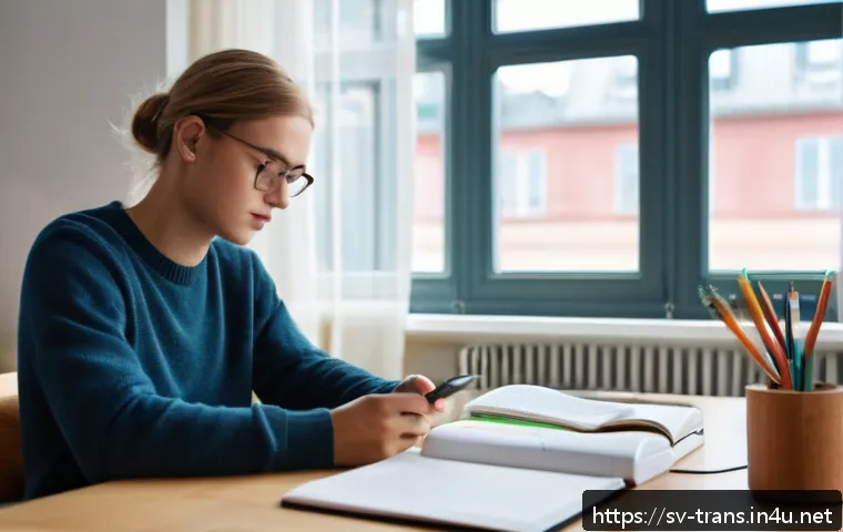 번역사 시험의 시간 배분 전략 - A focused young adult student sitting at a clean, organized desk in a bright Swedish-style study roo...