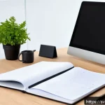 Home 18 번역사 업무일지 작성 방법 - A modern Swedish home office setup featuring a clean desk with a laptop displaying a digital transla...