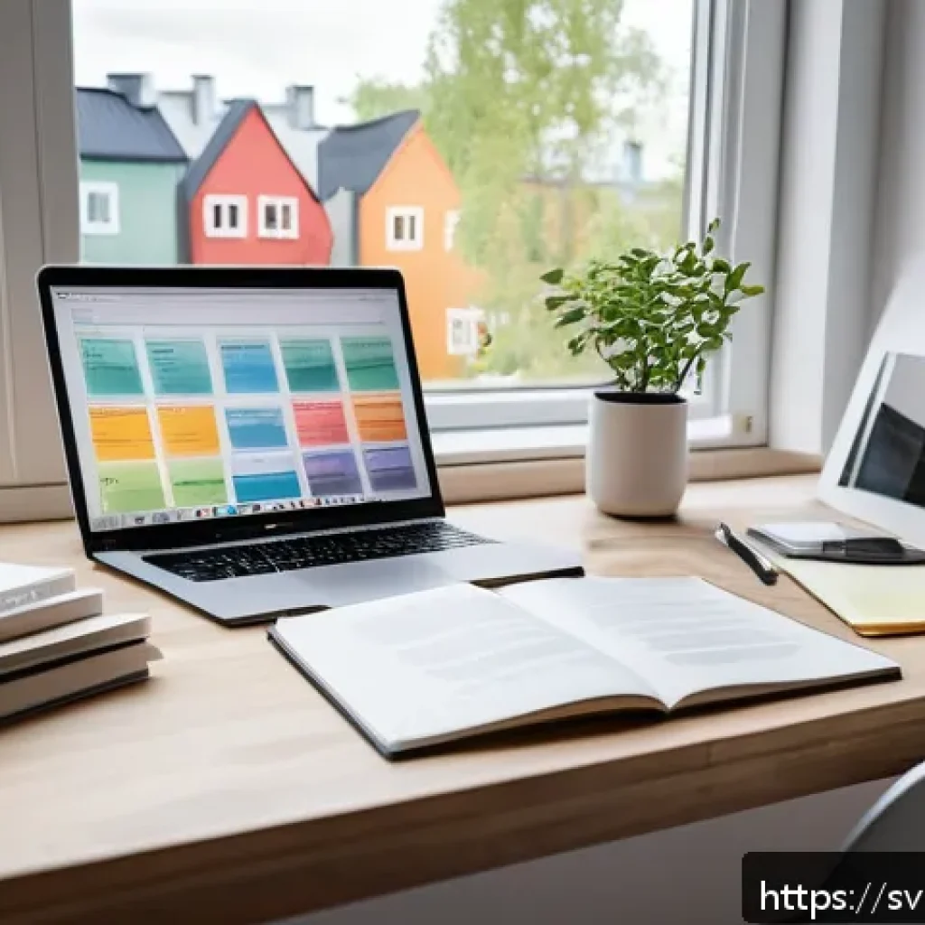 번역사 자격증 시험의 채점 기준 - A professional translator’s workspace in a modern Scandinavian home office, featuring a sleek laptop...