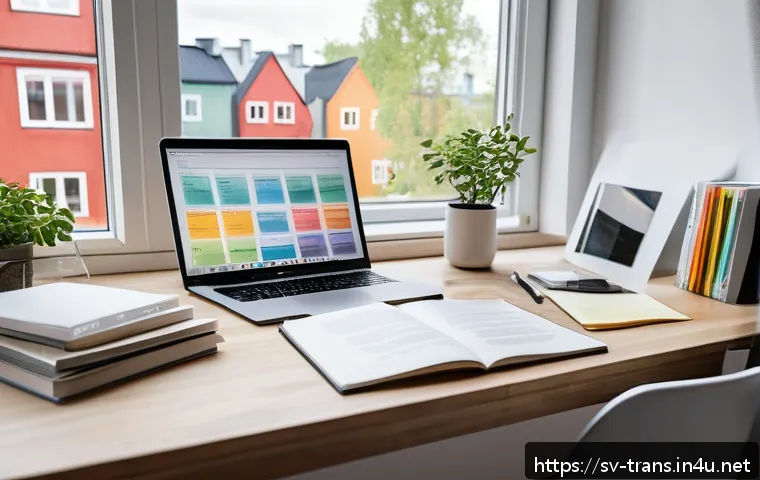 번역사 자격증 시험의 채점 기준 - A professional translator’s workspace in a modern Scandinavian home office, featuring a sleek laptop...