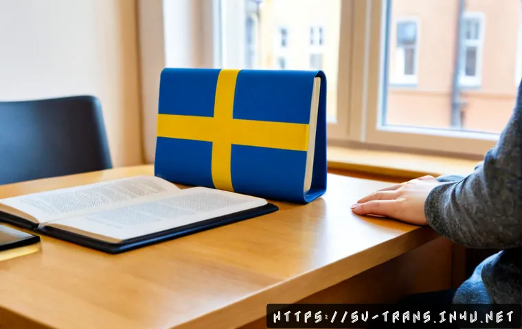 번역사 자격증 대비 학습법 - Photorealistic study scene for a Swedish translation certification candidate, focused adult learner ...
