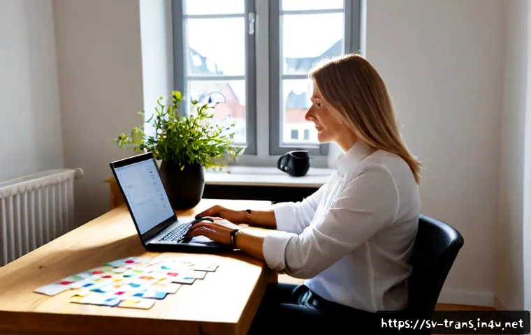 Home 17 번역사 업무에서의 시간 관리 방법 - Photorealistic Swedish freelance translator managing time at a bright Scandinavian home office, woma...